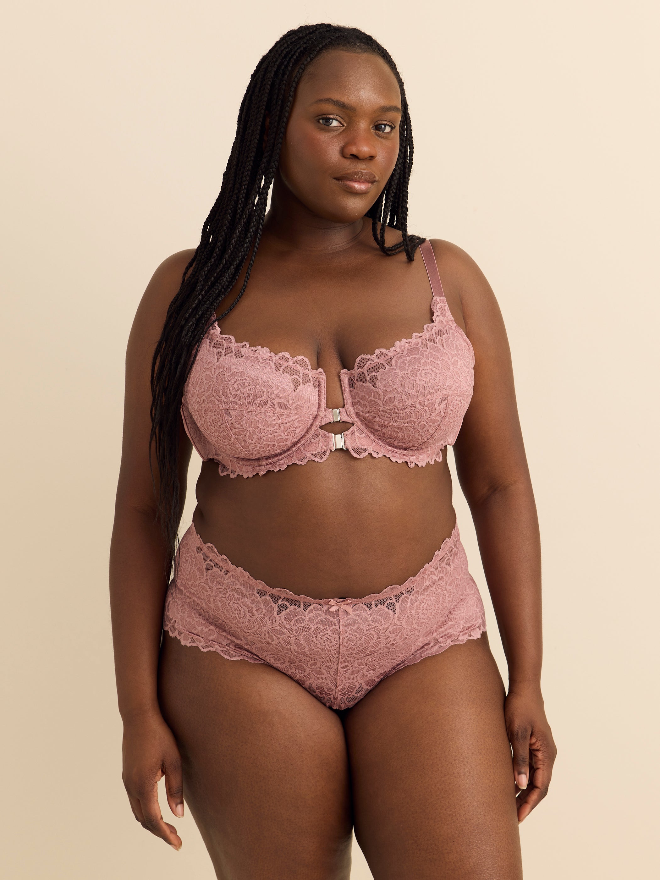 Soutien-gorge en dentelle rose à fermoir avant aimanté, avec armatures - Déesse Collection