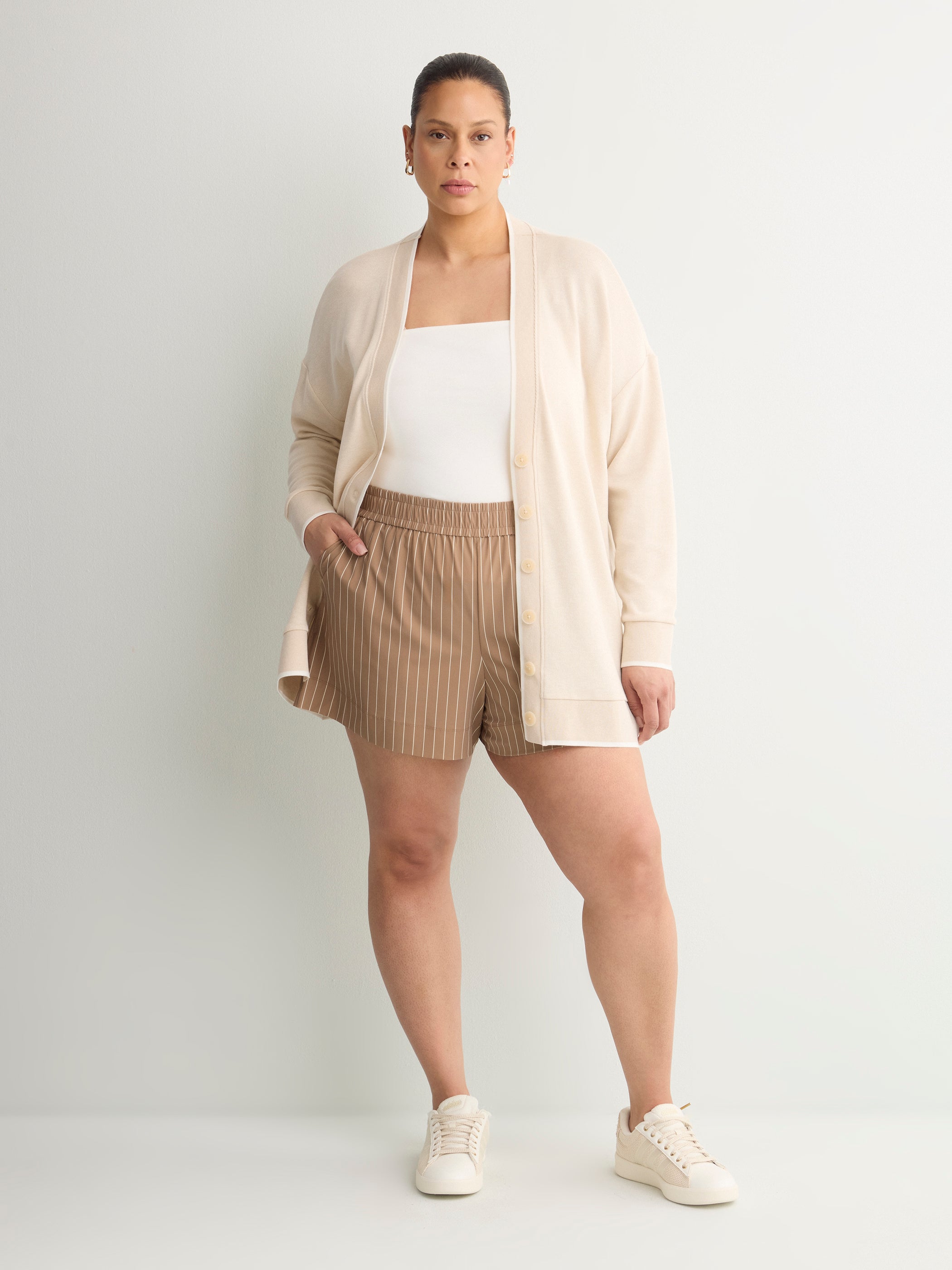 Brown Pinstripe Stretch Pull-On Short - Active Zone