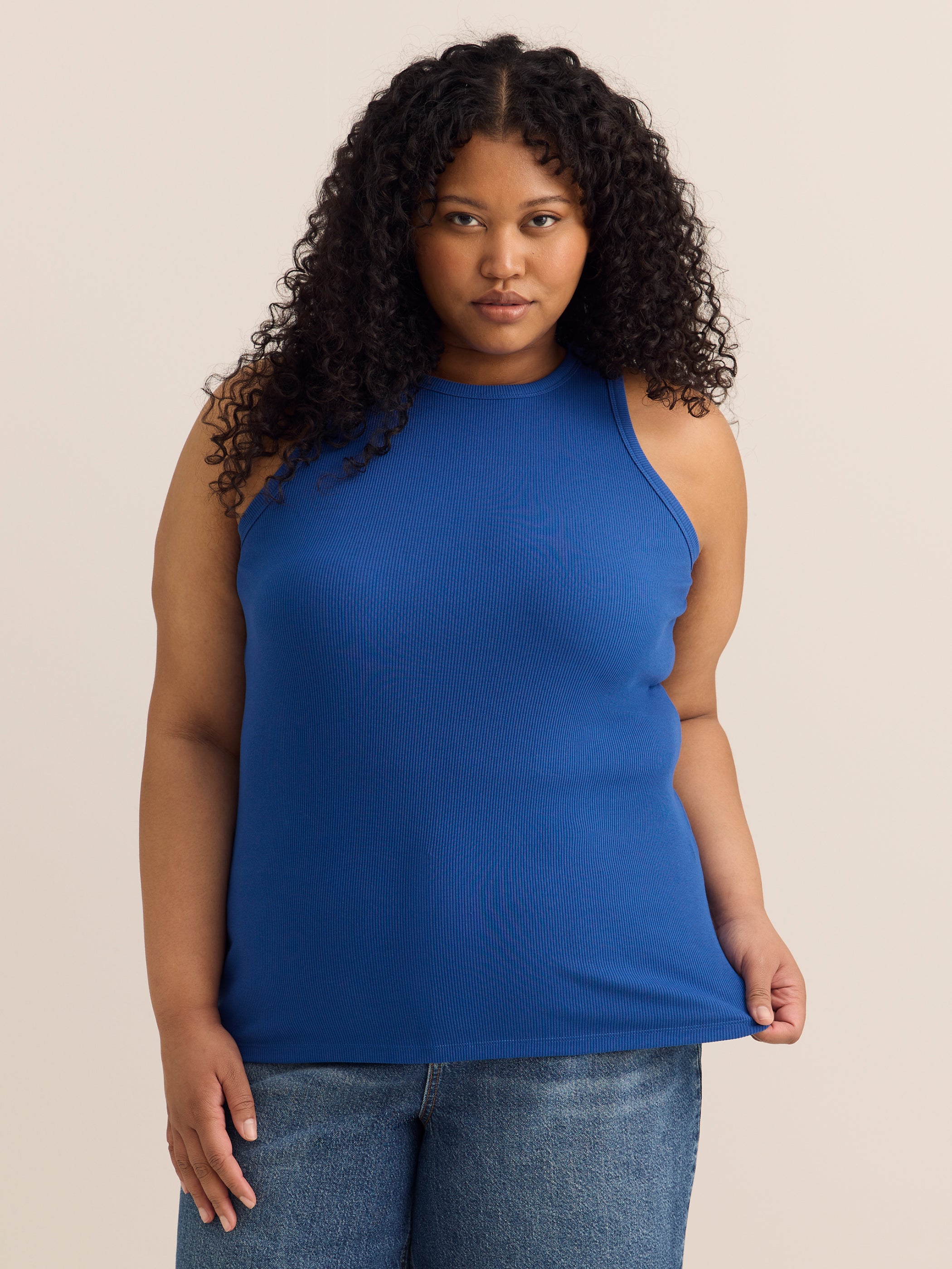 Fitted Halter-Neck Rib Knit Tank Top