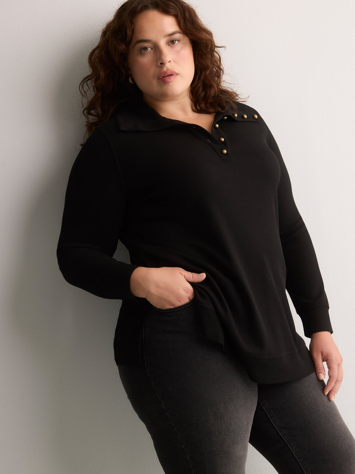 Loose Waffle Knit Tunic with Buttoned Collar