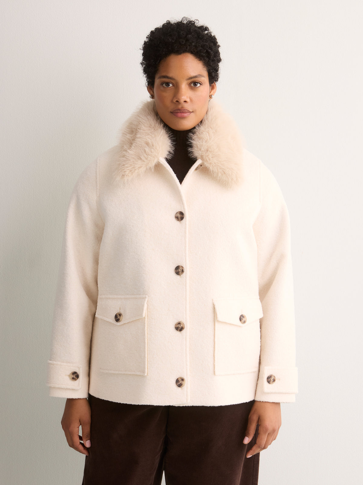 Bouclé Coat with Removable Faux-Fur Collar