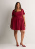 Red Square-Neck Smocked-Back Short Dress