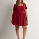 Red Square-Neck Smocked-Back Short Dress