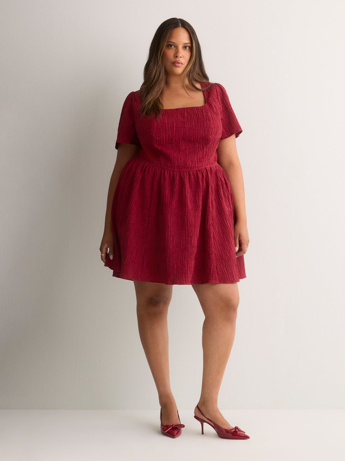 Red Square-Neck Smocked-Back Short Dress