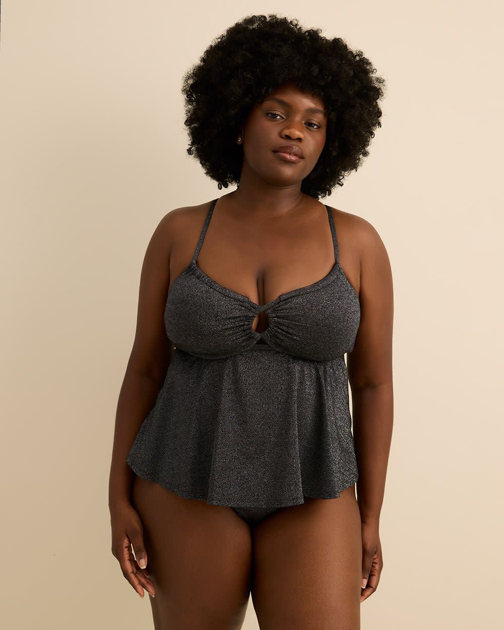 Tankini évasé noir scintillant avec encolure froncée à cordon