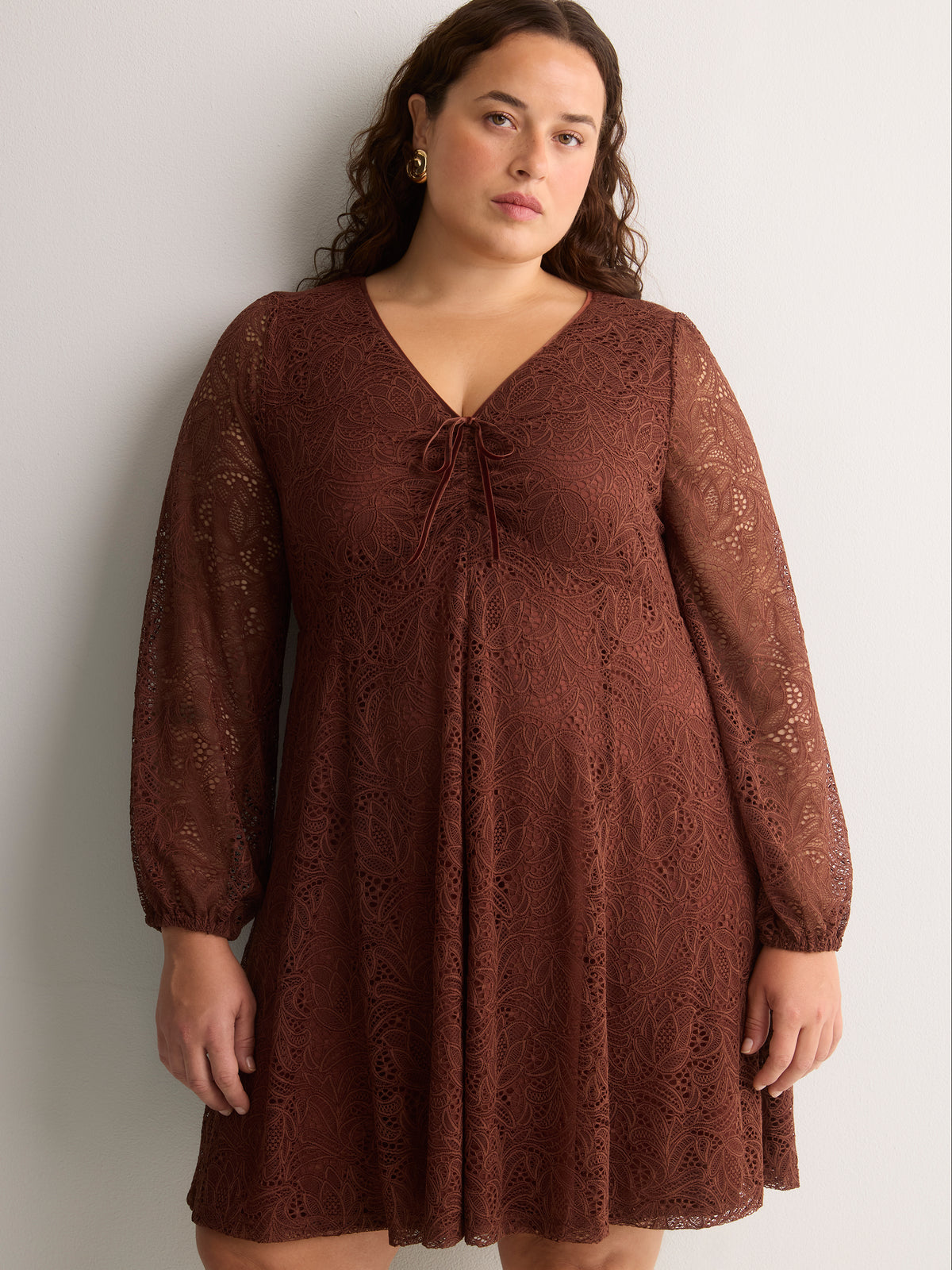 Fit-and-Flare Shirred V-Neck Lace Dress