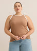 Fitted Halter-Neck Rib Knit Tank Top with Contrast Binding