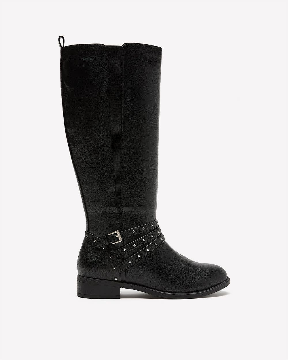 Extra Wide Width and Calf, Tall Black Boot with Thin Studded Straps