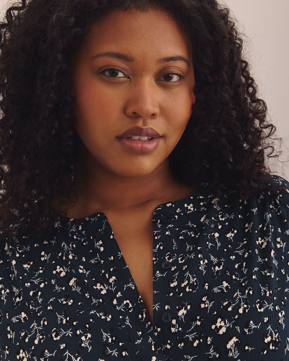 Long-Sleeve Tunic Blouse with Buttoned Crewneck