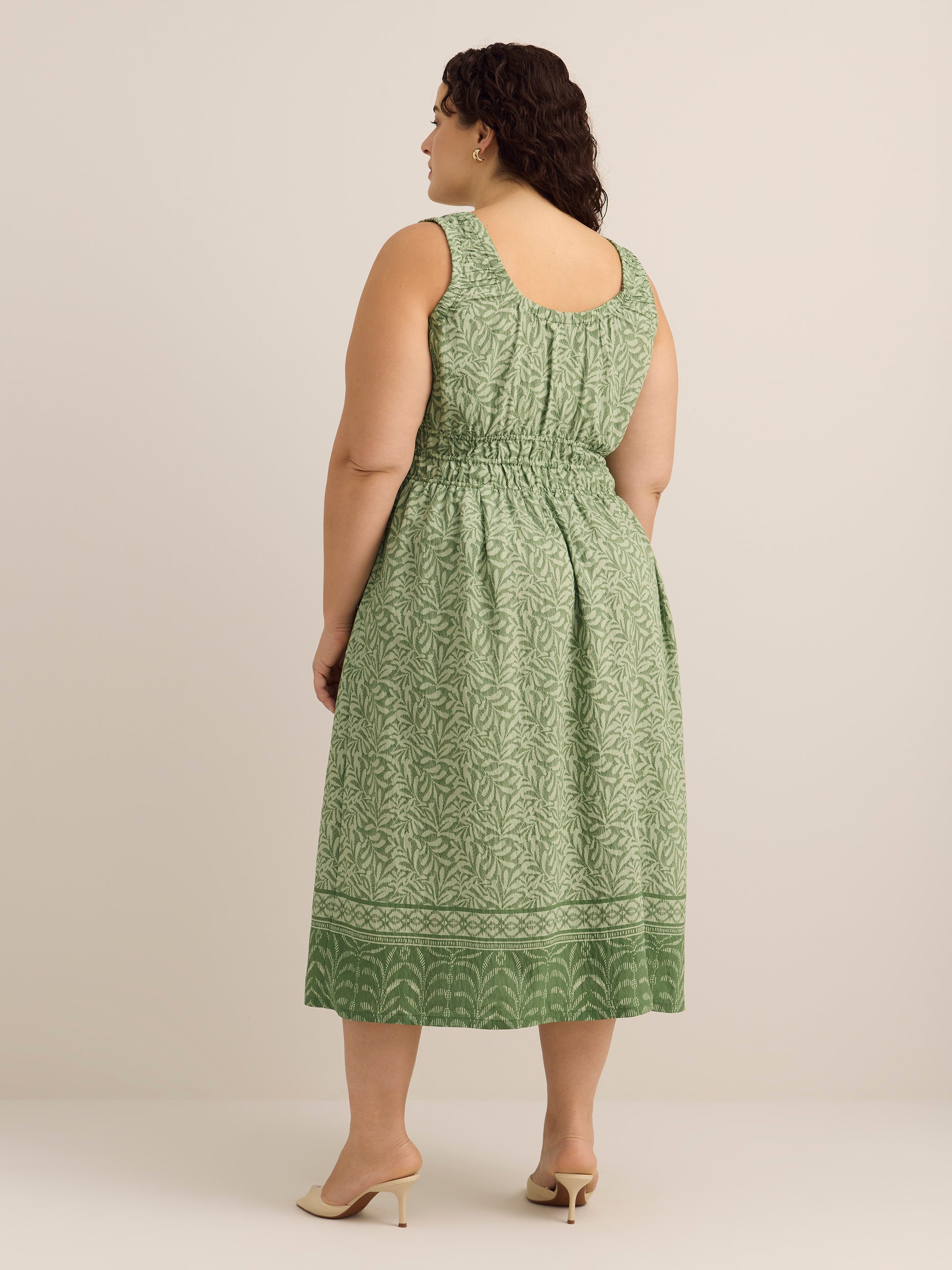 Green Printed Sleeveless Midi Dress with Elastic Waist