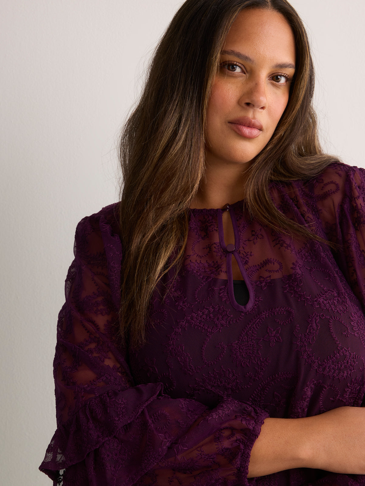 A-Line Mesh Blouse with Front Keyholes