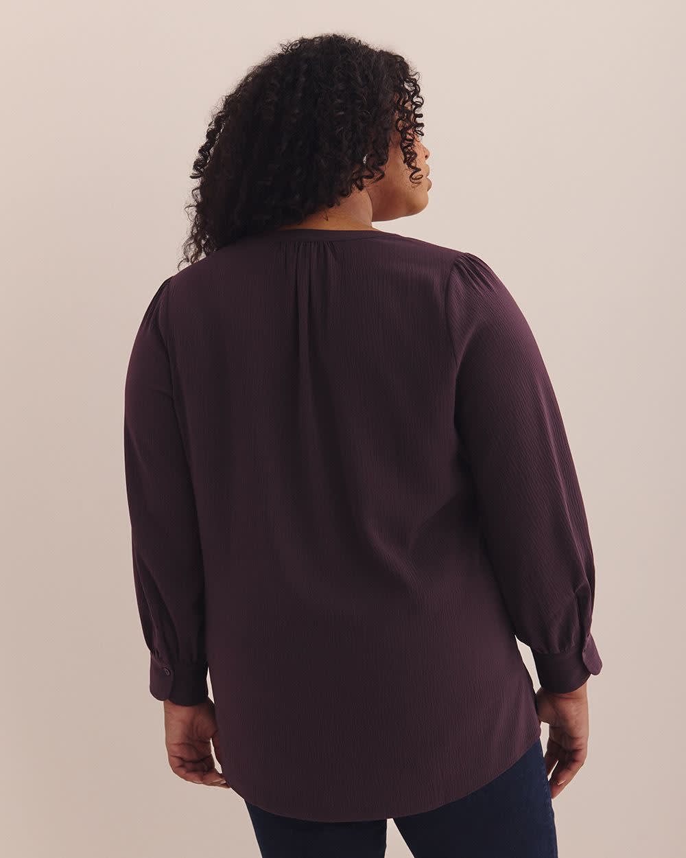 Long-Sleeve Tunic Blouse with Buttoned Crewneck