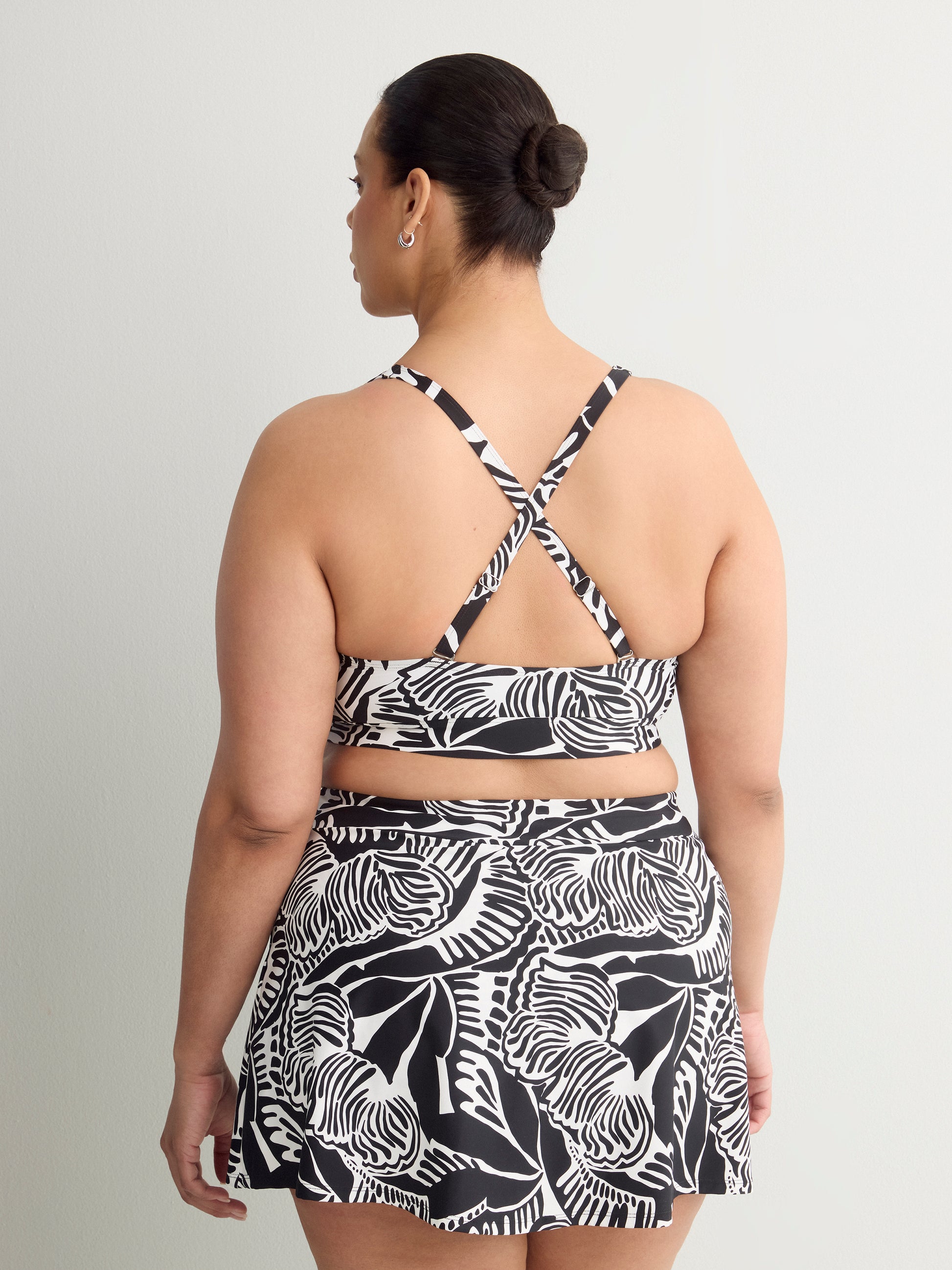 Black Foliage-Print Bikini Top With Front Knot