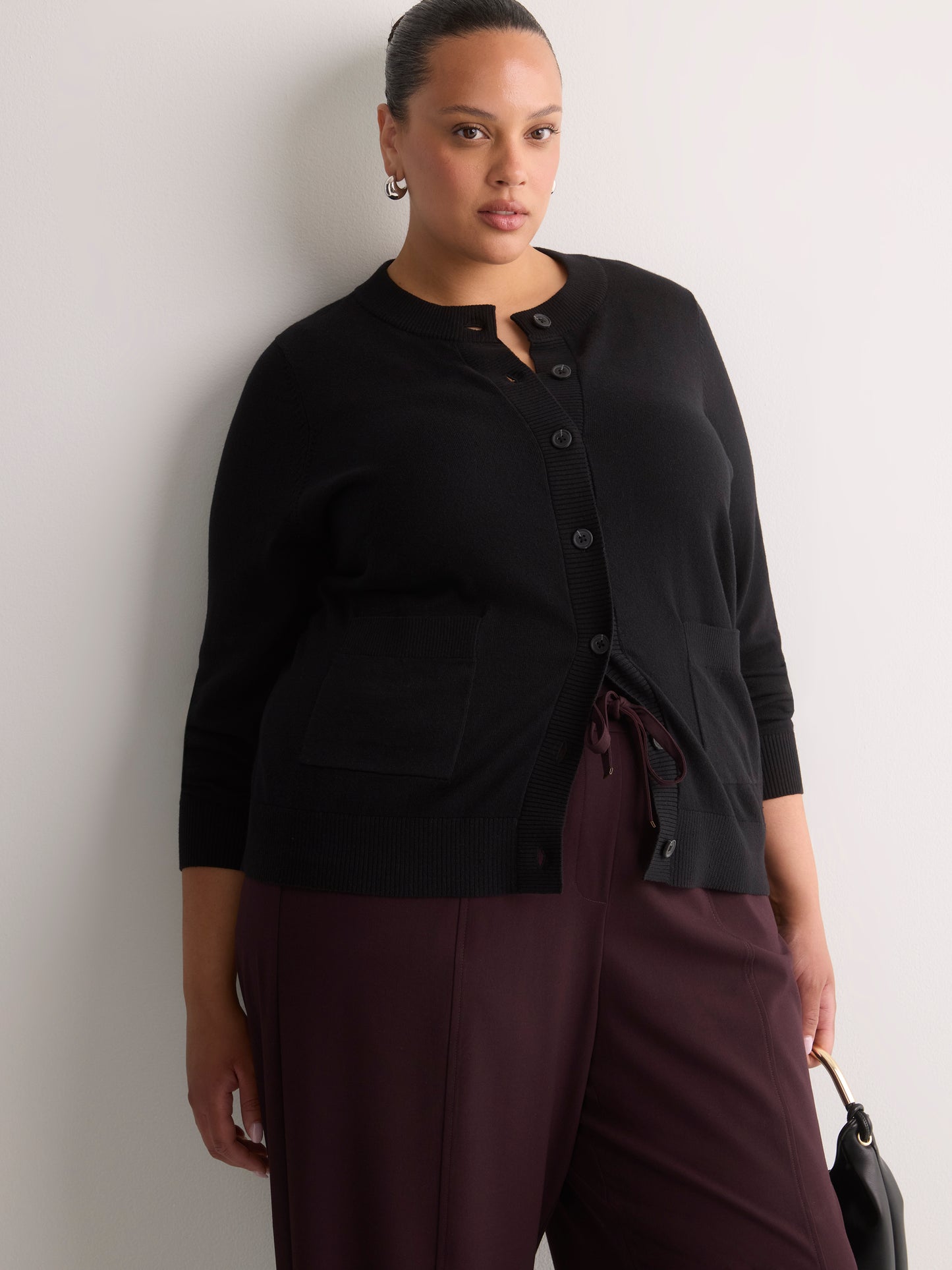 Dark Buttoned-Down Cotton Blend Crew Neck Cardigan