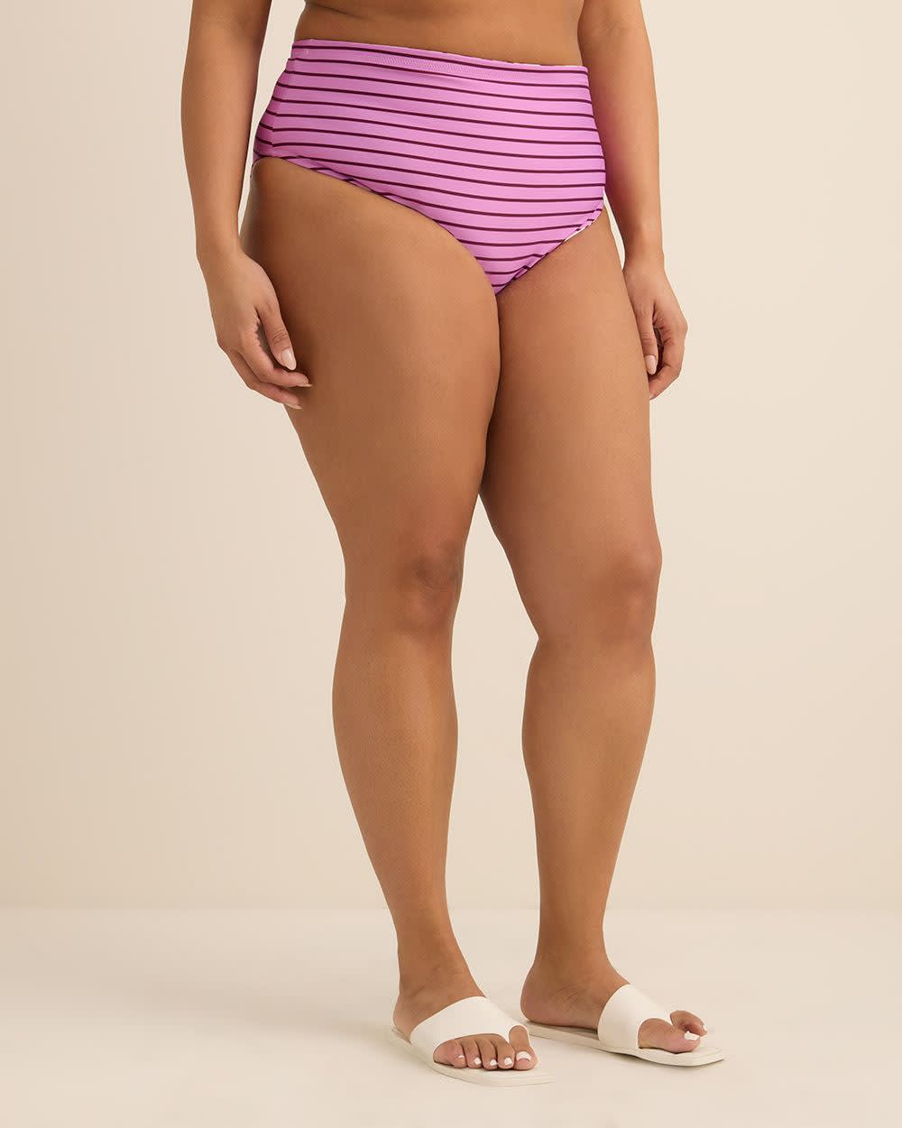 Culotte de maillot taille haute réversible à motif de rayures et feuillage