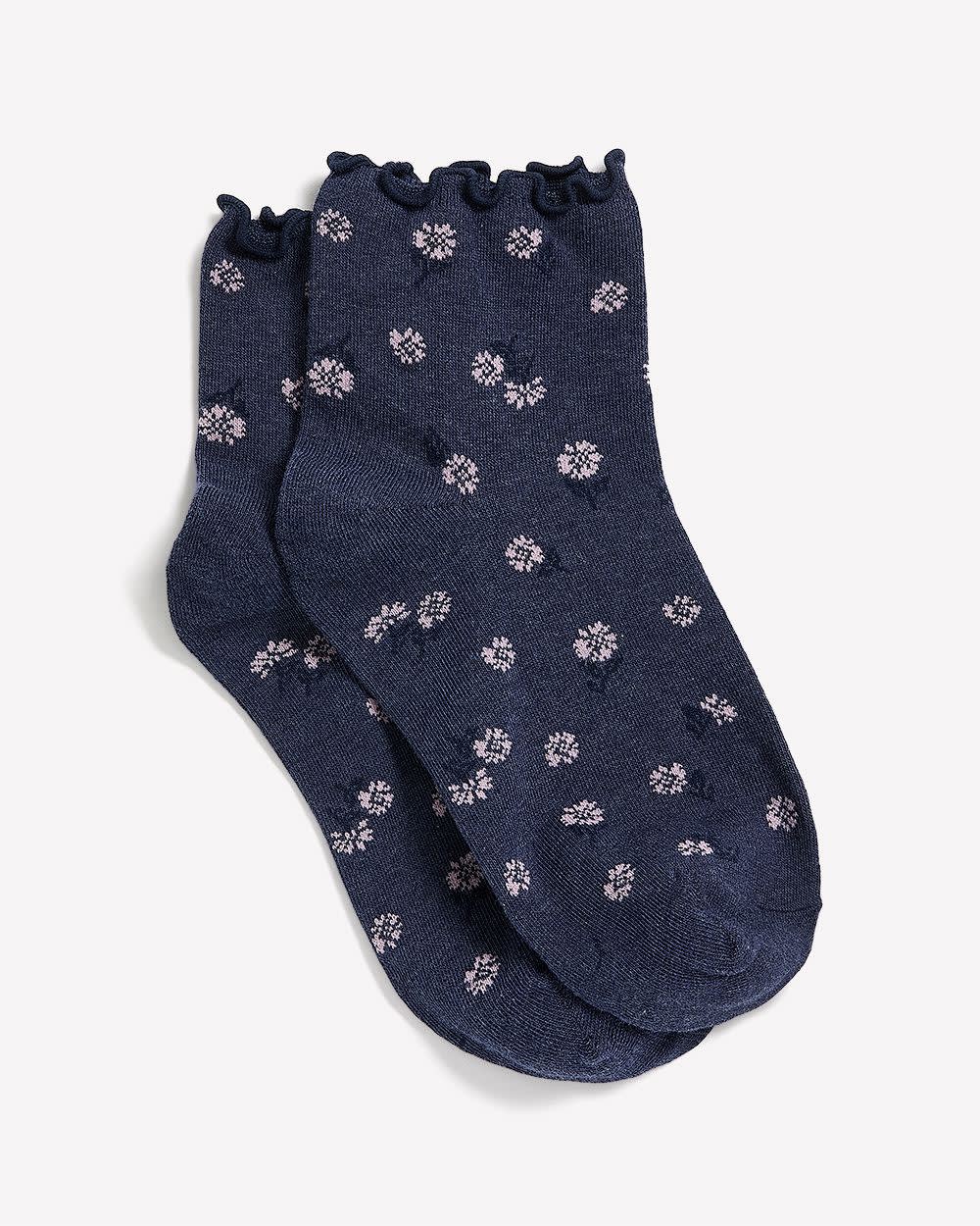 Blue Daisy-Print Ankle Socks with Lettuce Edge