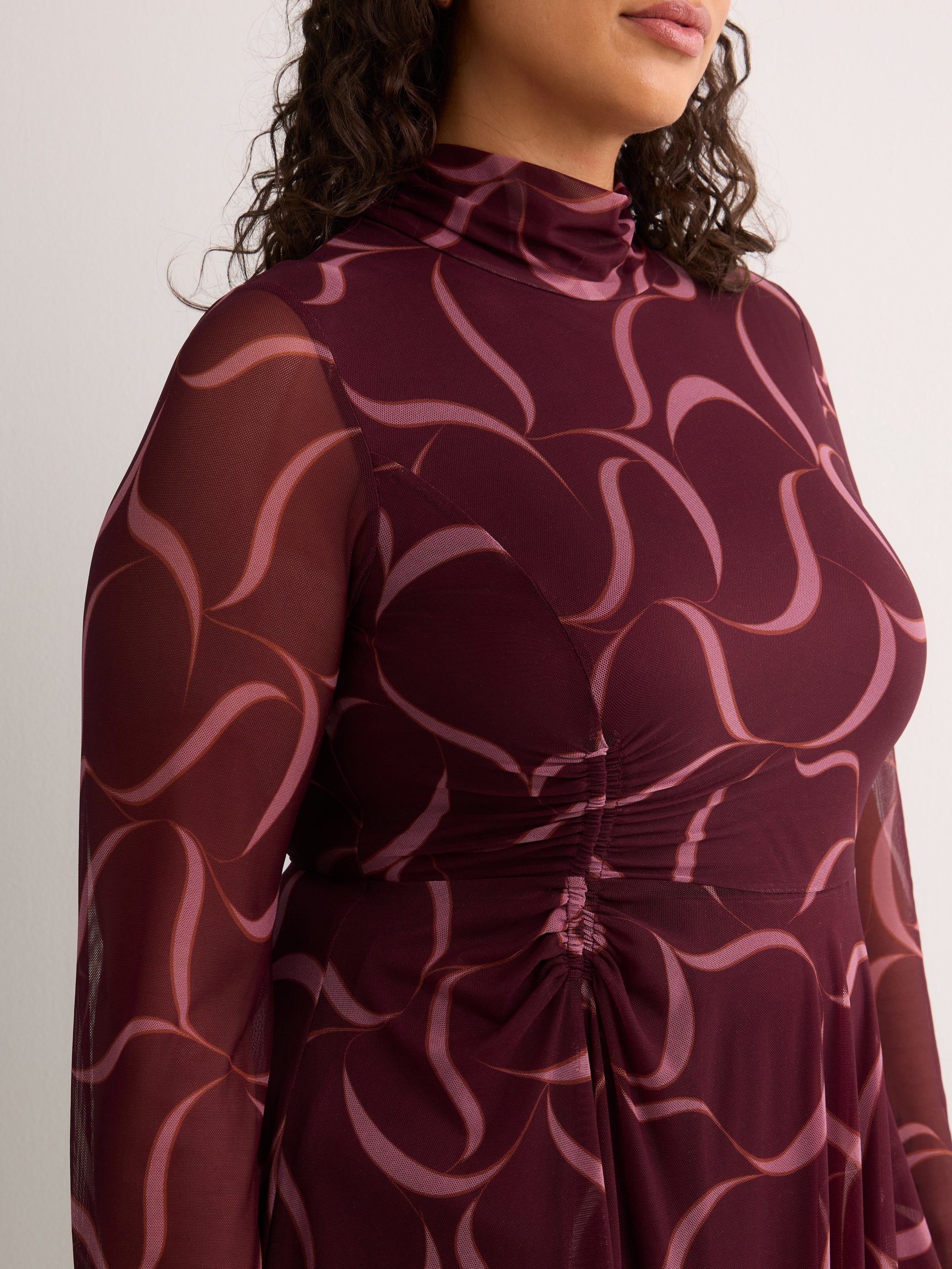 Ribbon-Print Mock-Neck Fit and Flare Midi Dress - Addition Elle