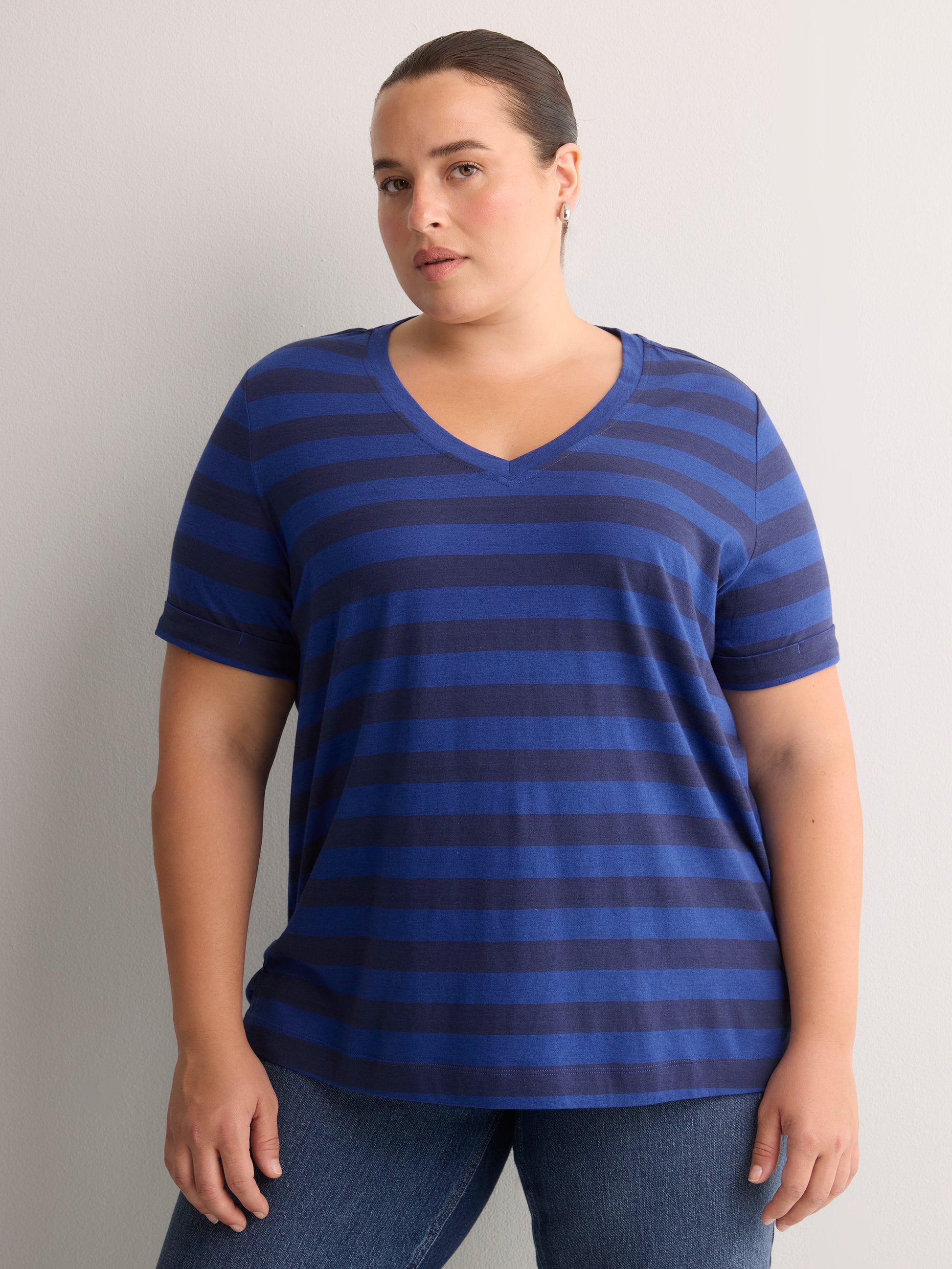 Responsible, Boyfriend-Fit V-Neck Striped Tee with Slits