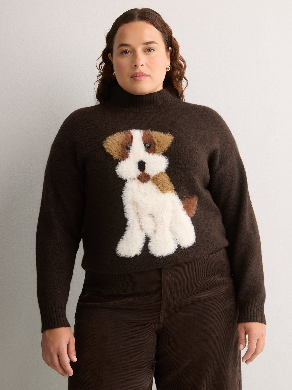 Loose-Fit Mock-Neck Hairy Cat Print Sweater