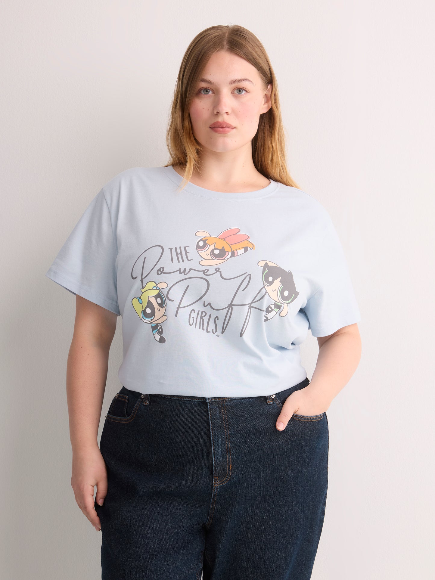 Blue Short-Sleeve Crew-Neck Tee with Power Puff Girls Print