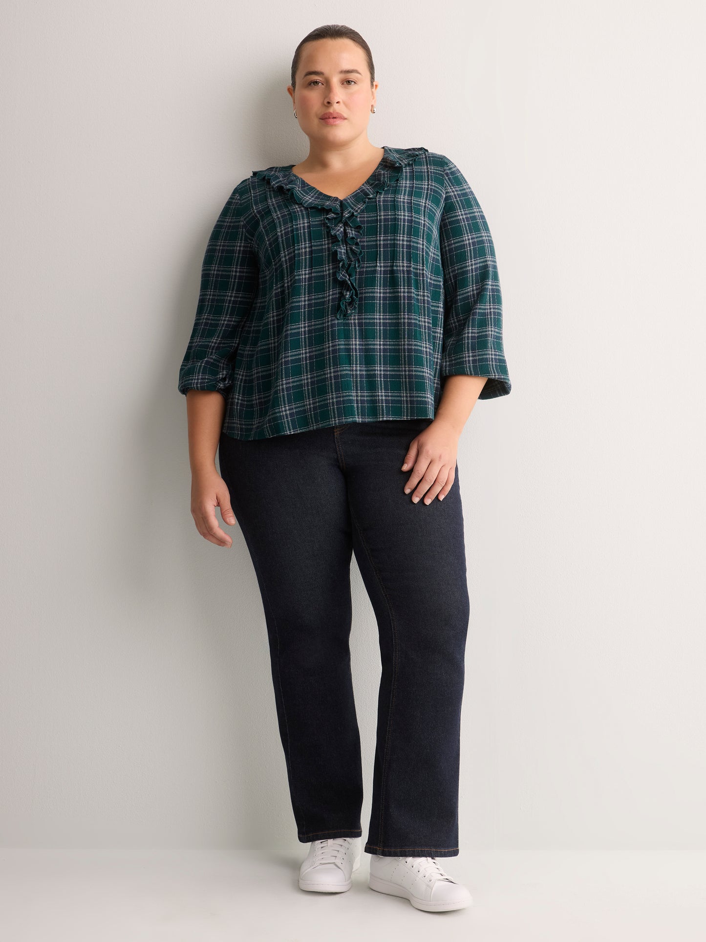 Plaid Ruffled V-Neck Pintuck Swing Blouse