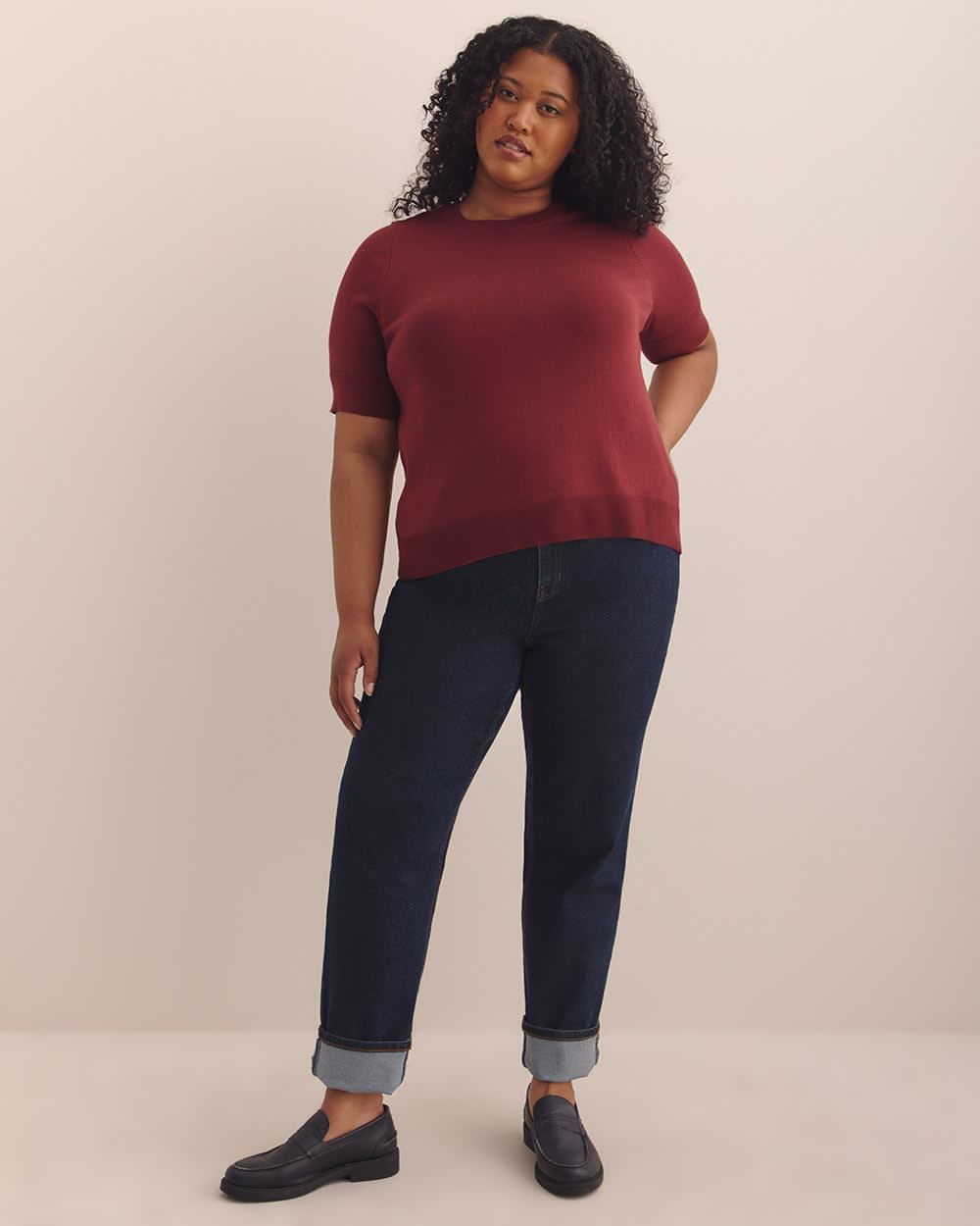 Pull à col rond et manches au coude, tissu responsable