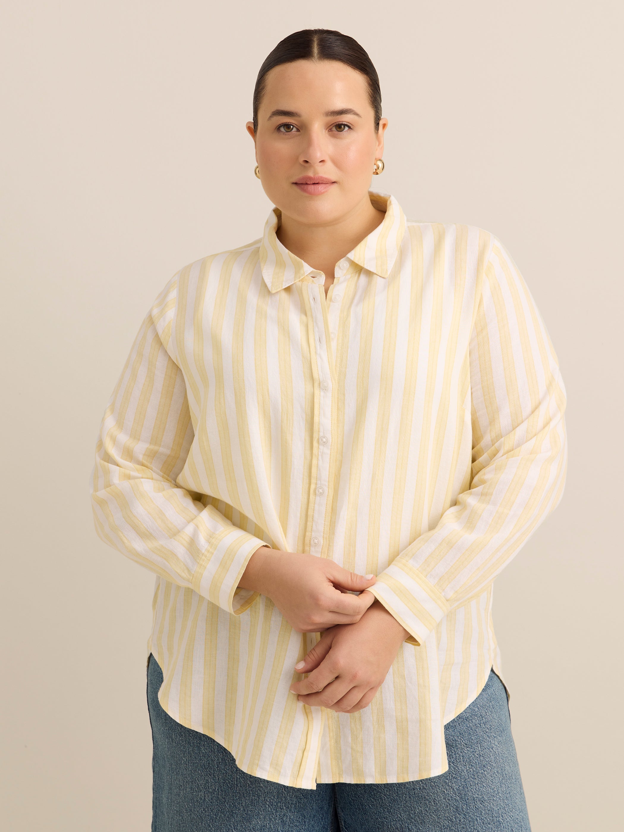 Striped Linen Blend Buttoned Down Tunic Shirt