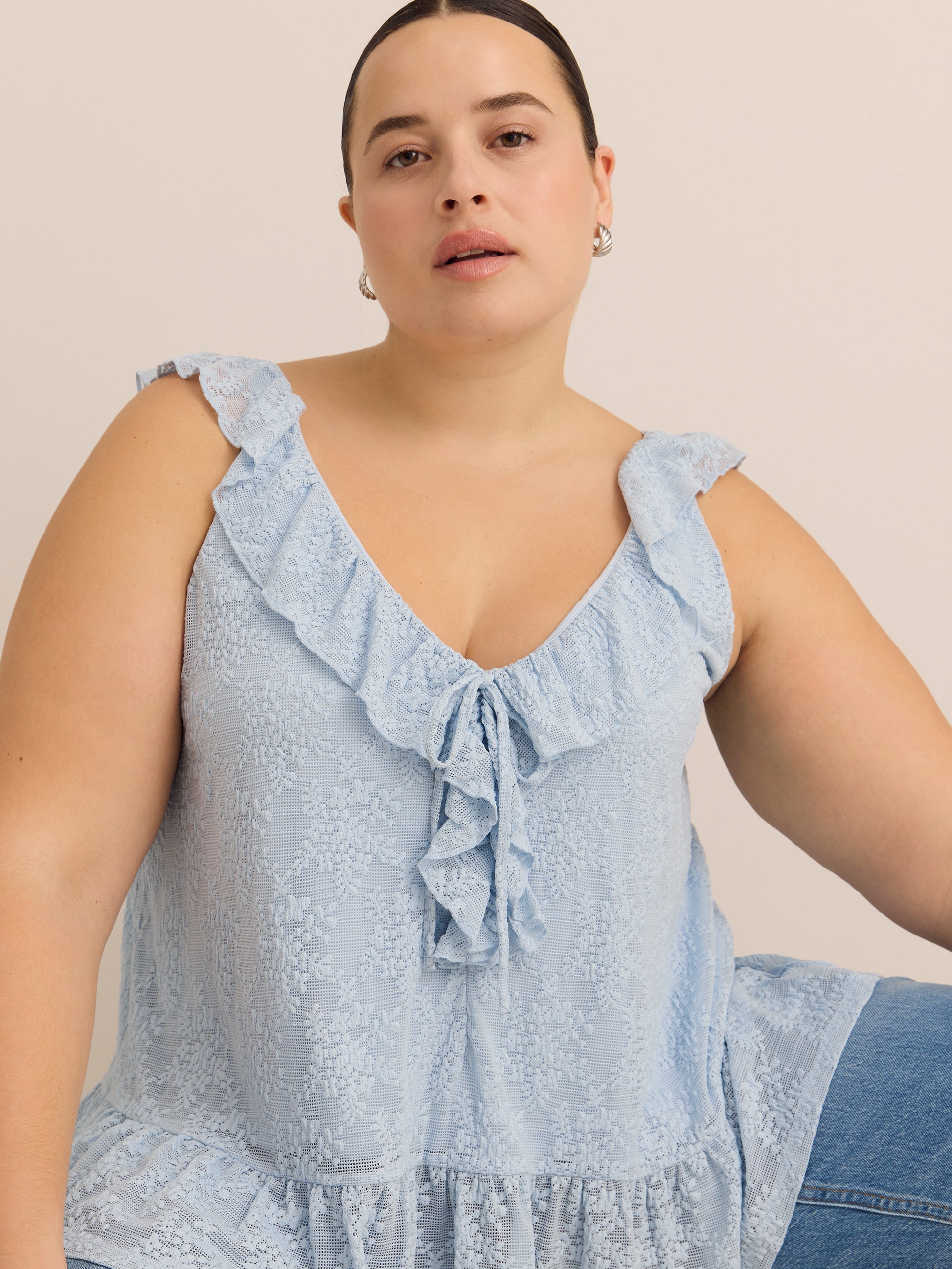 Blue Ruffled Lace Sleeveless Swing Blouse