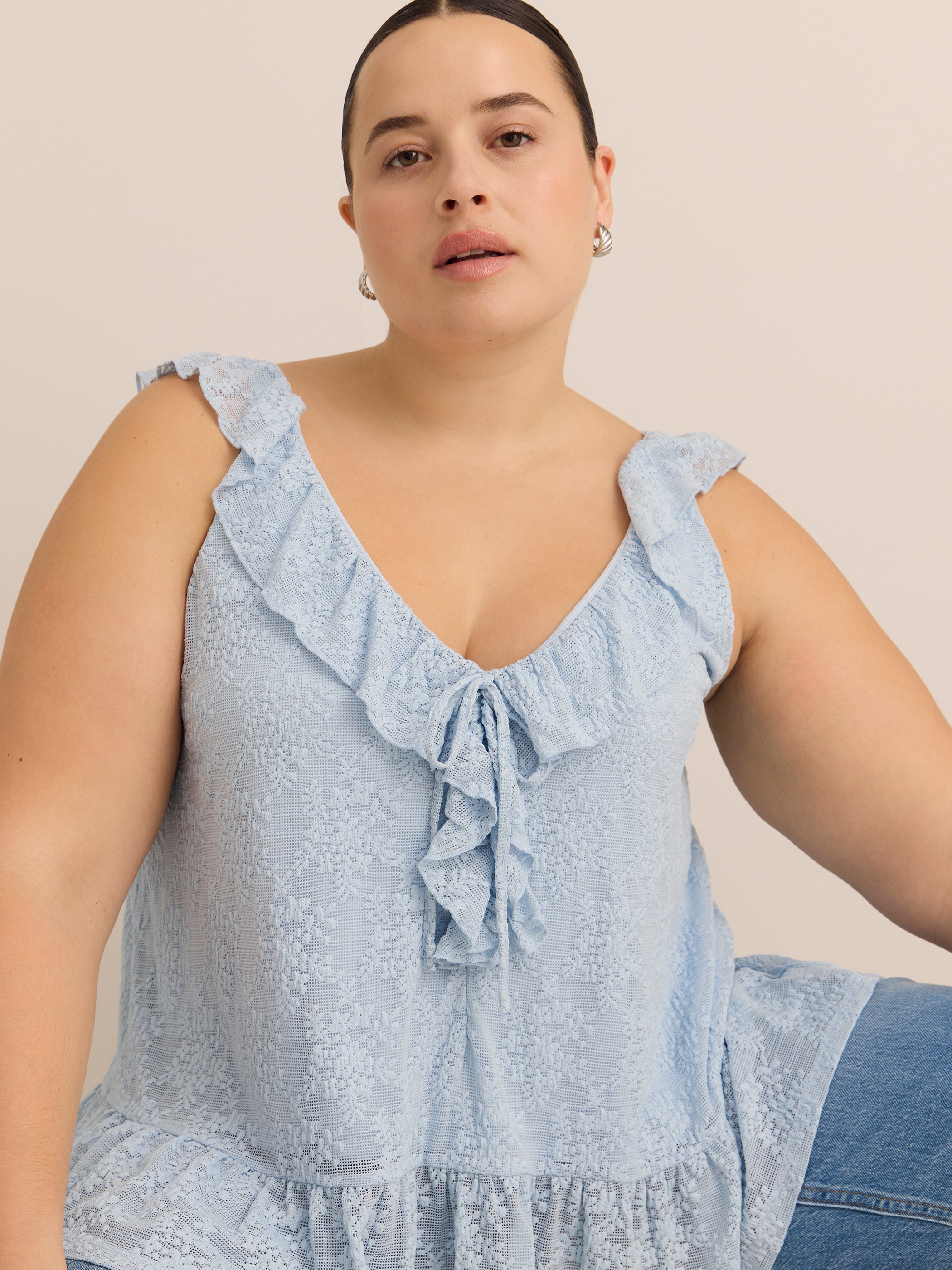 Blue Ruffled Lace Sleeveless Swing Blouse