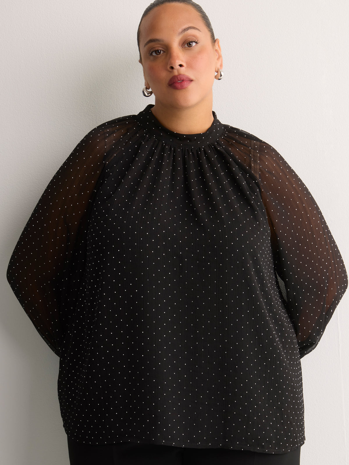 Black Rhinestone Chiffon A-Line Blouse with Shirred Mock Neck