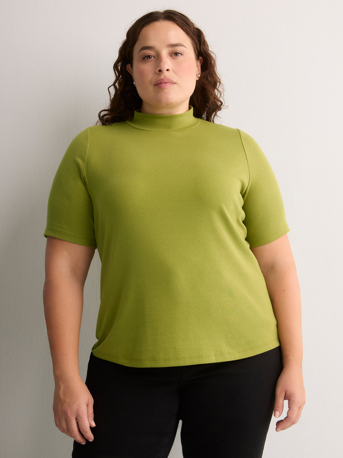 Fitted Mock-Neck Elbow-Sleeve Rib Knit Top