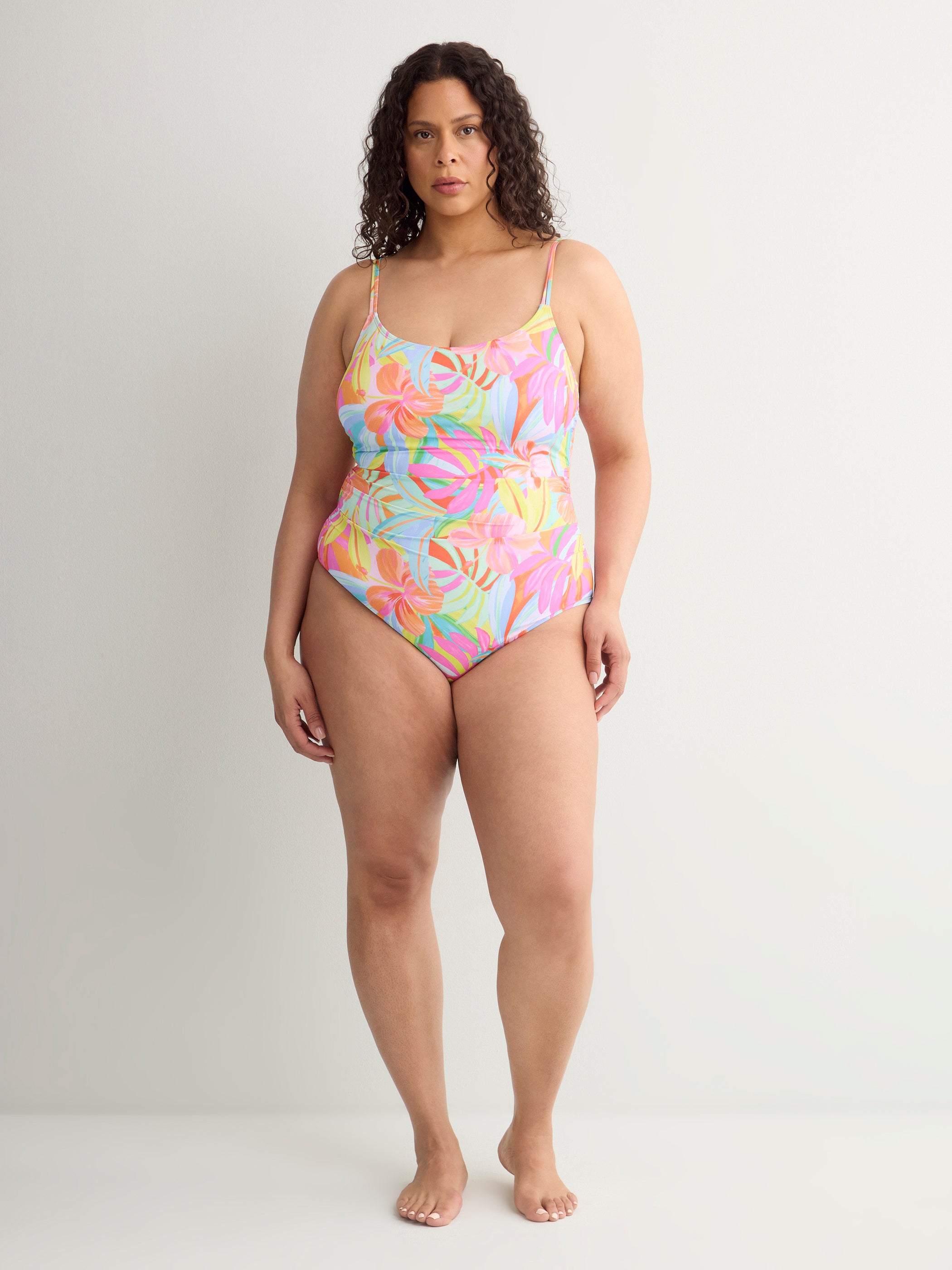 Floral Shirred Scoop-Neck One-Piece Swim Suit - Bleu by Rod Beattie