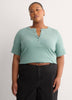 Straight Elbow-Sleeve Ribbed Knit Henley Top