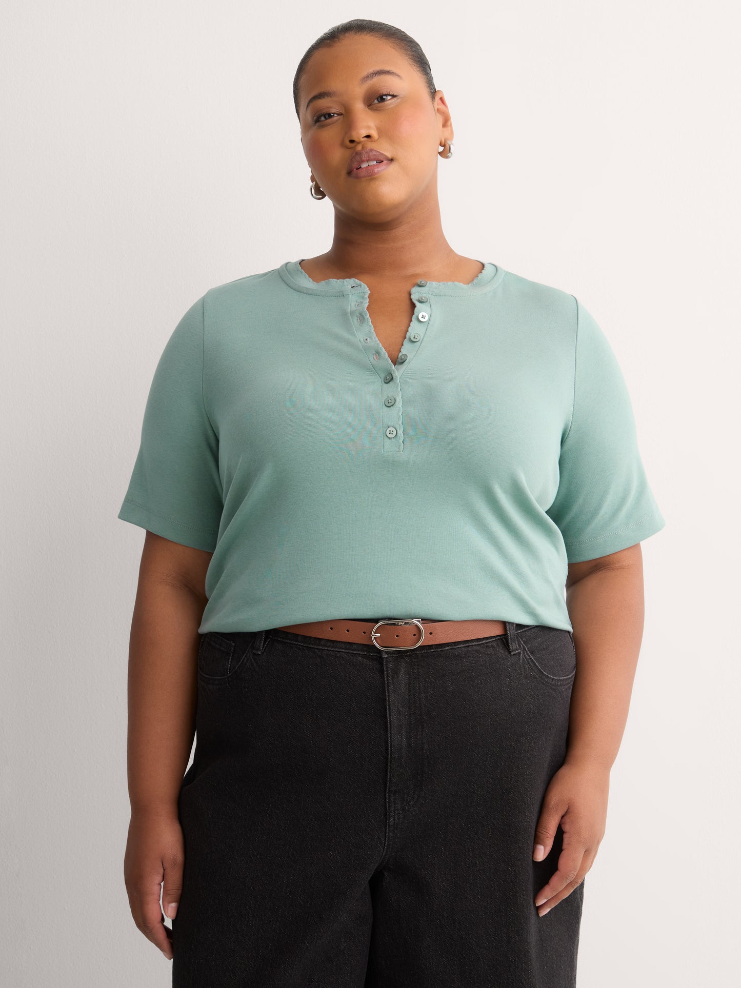 Straight Elbow-Sleeve Ribbed Knit Henley Top