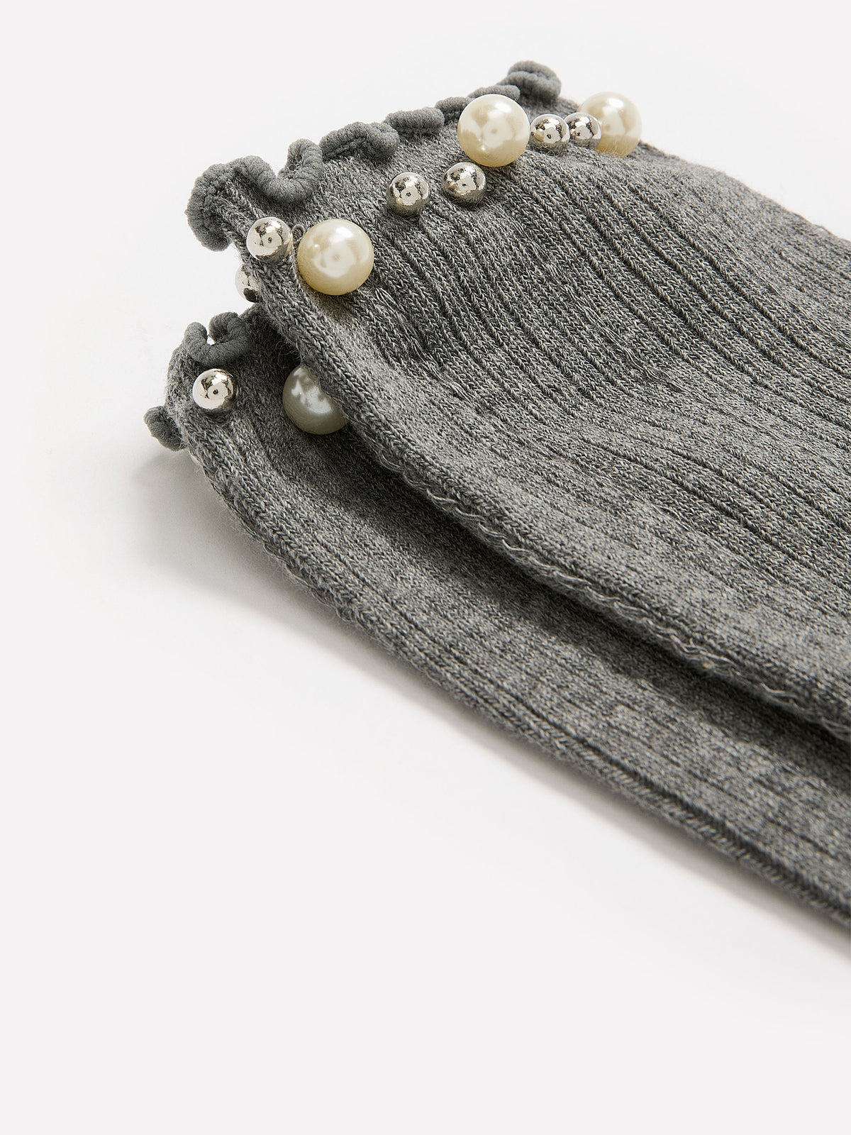 Textured Cotton Knit Crew Socks with Pearl and Rhinestone Lettuce Edge