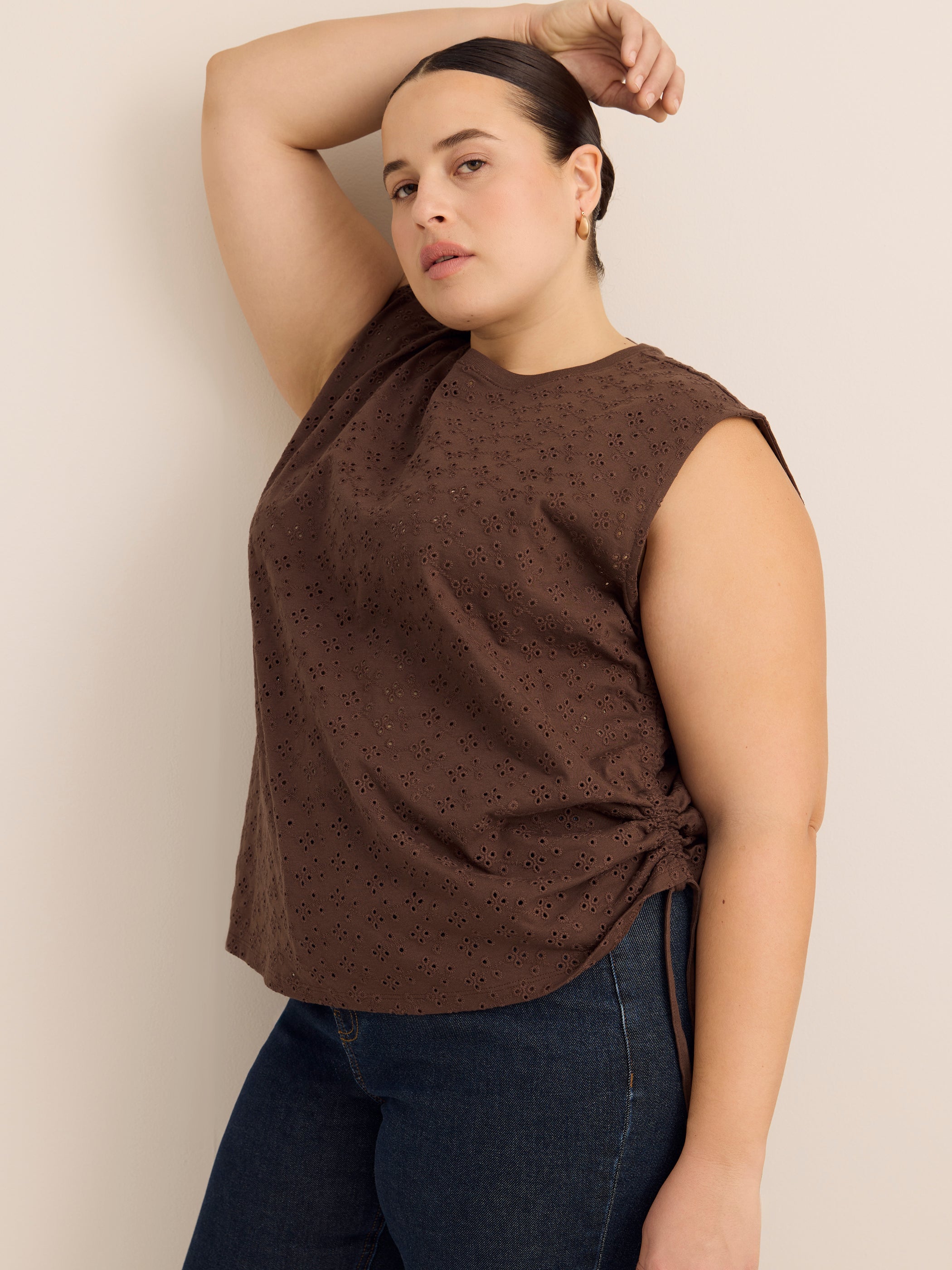 Sleeveless Eyelet Knit Top with Shirred Sides