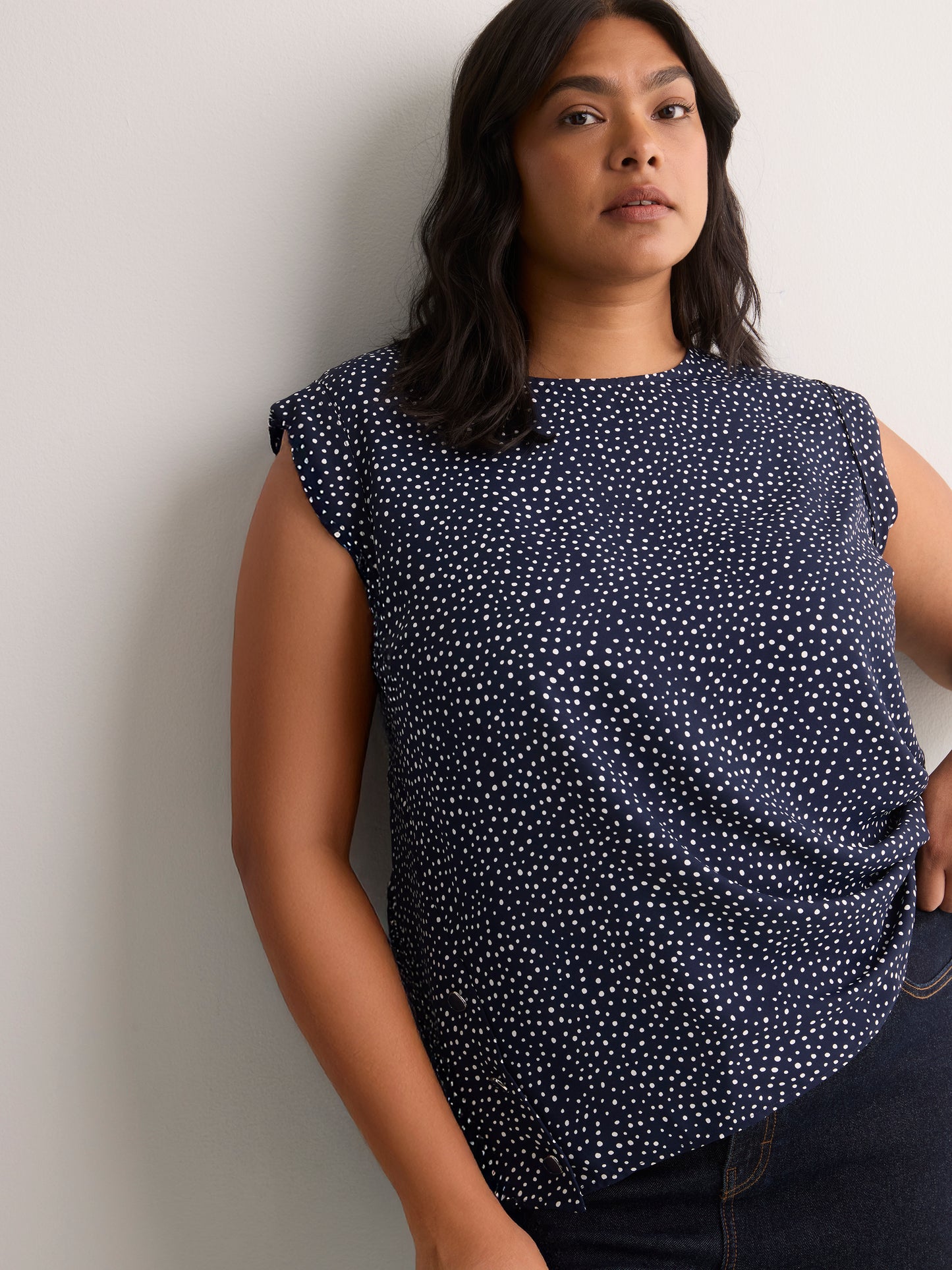 Responsible, Straight Extended-Sleeve Silky Blouse with Decorative Buttons