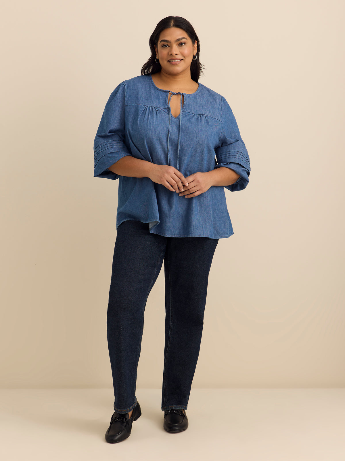 Denim Blouse with Balloon Sleeves