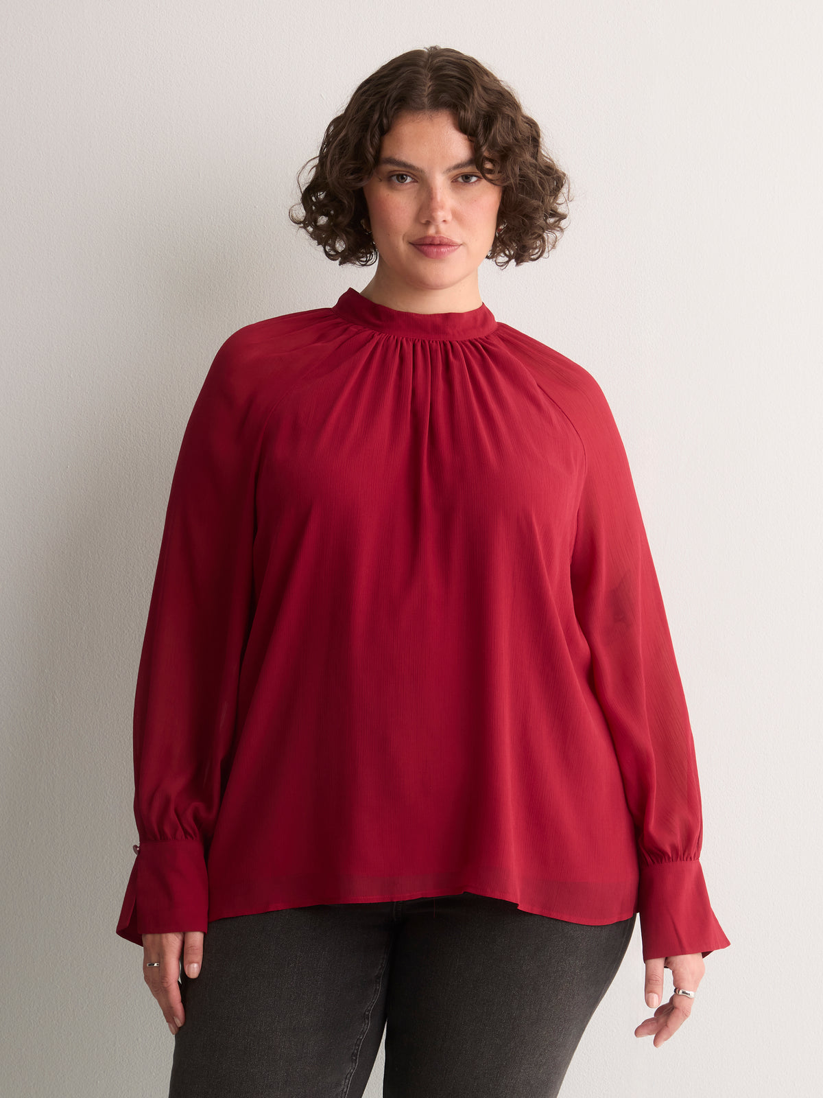 Chiffon Shirred Mock-Neck A-Line Blouse