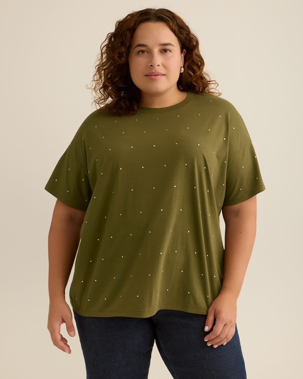 Crewneck Knit Top with Leaf Rhinestone Embellishment