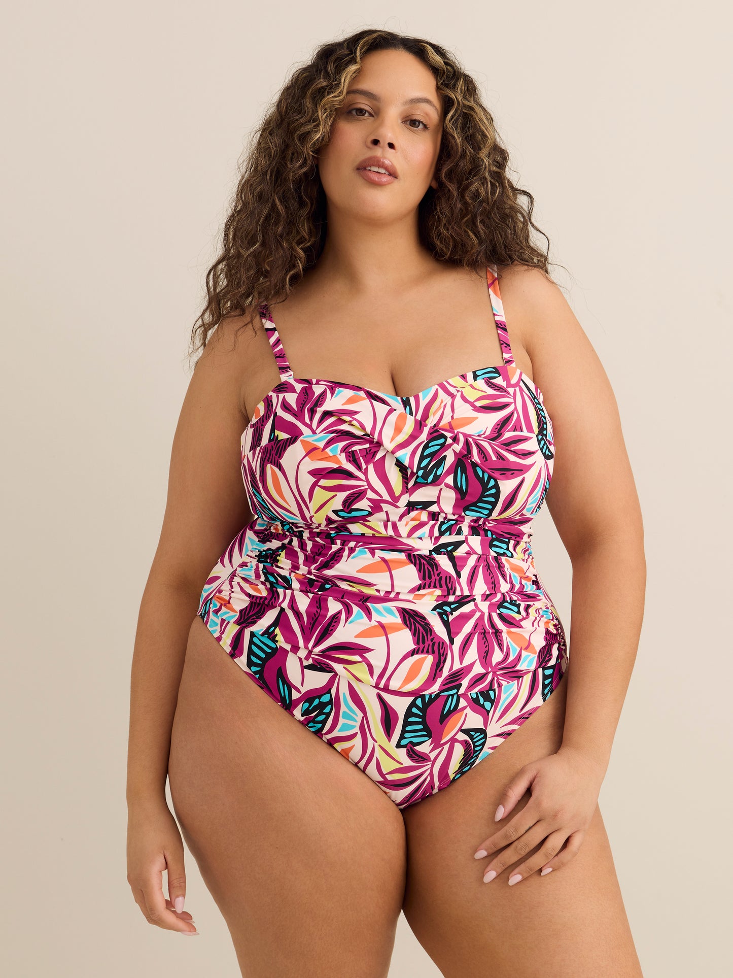 Foliage-Print Twisted Bandeau One-Piece Swimsuit