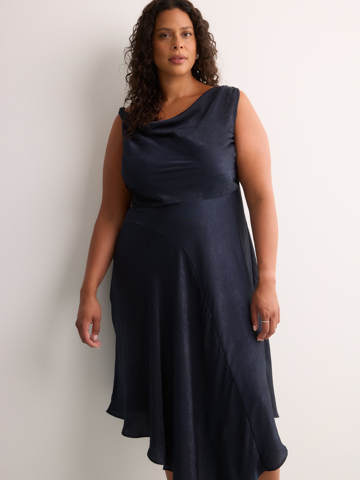 Asymmetric Satin Cocktail Midi Dress - Addition Elle