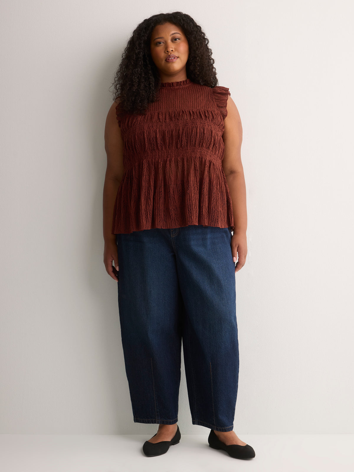 Smocked Lace Swing Top with Short Flutter Sleeves