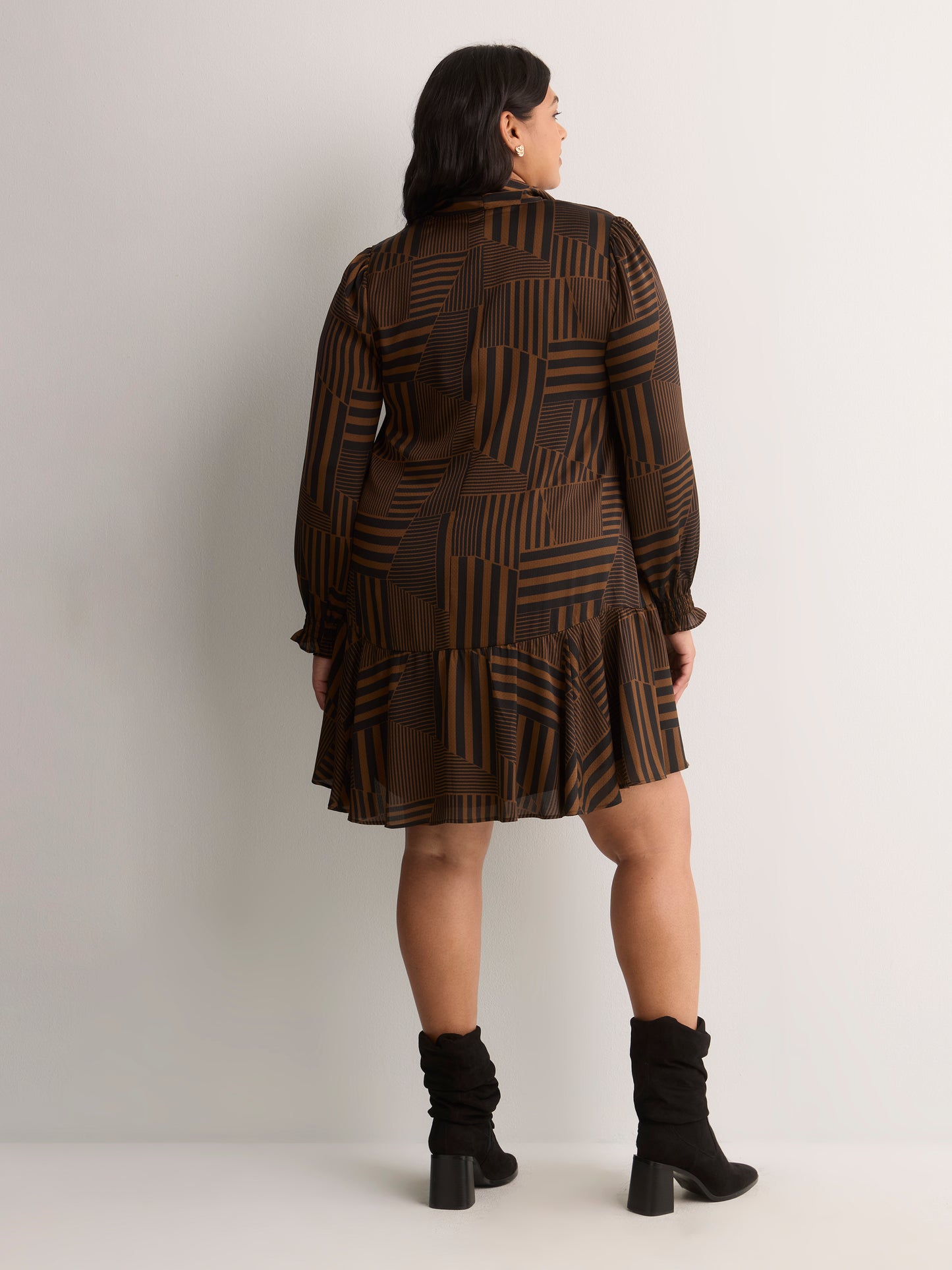 Striped Long-Sleeve Tiered Dress with Neck Tie - Addition Elle
