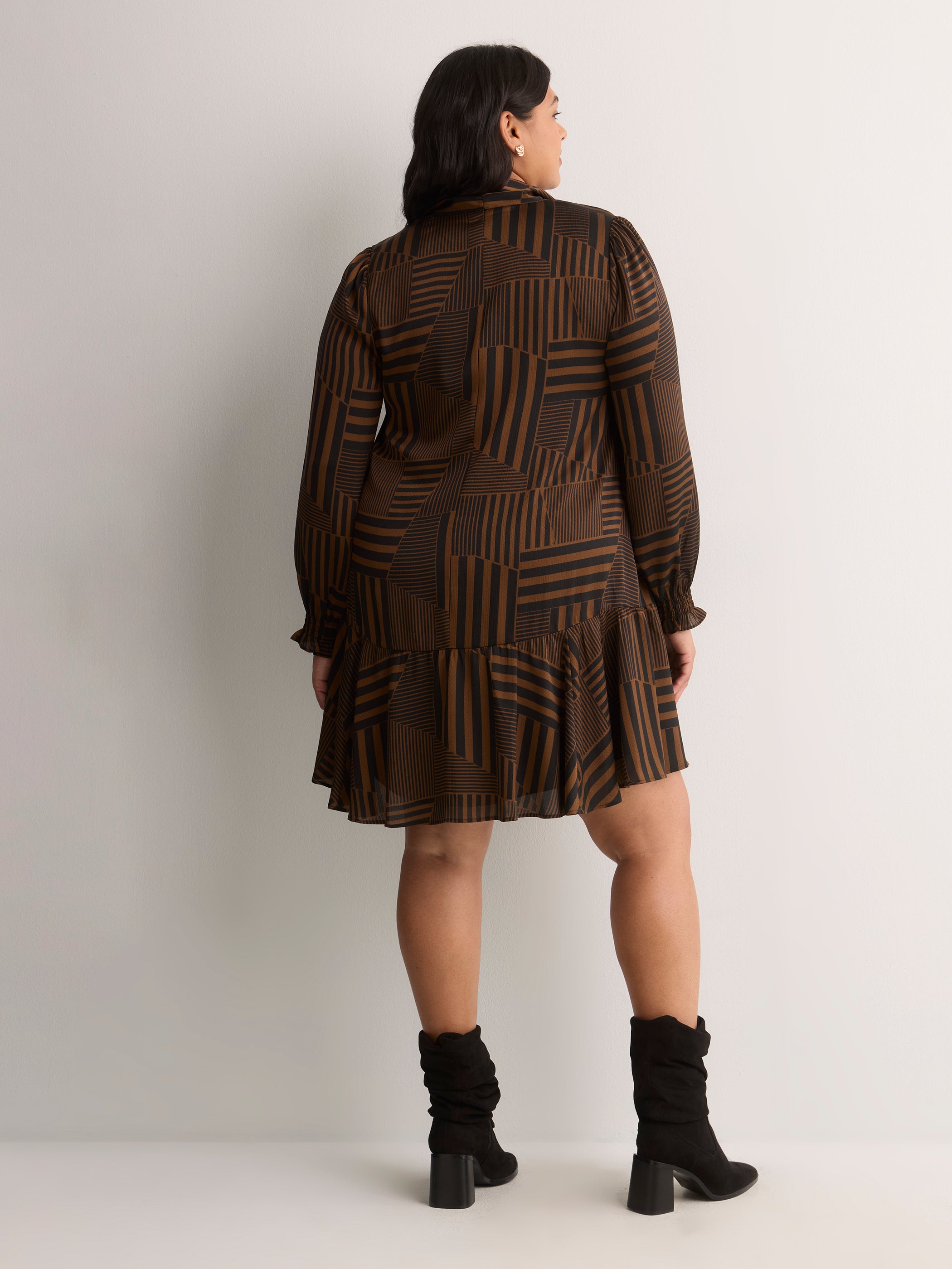 Striped Long-Sleeve Tiered Dress with Neck Tie - Addition Elle