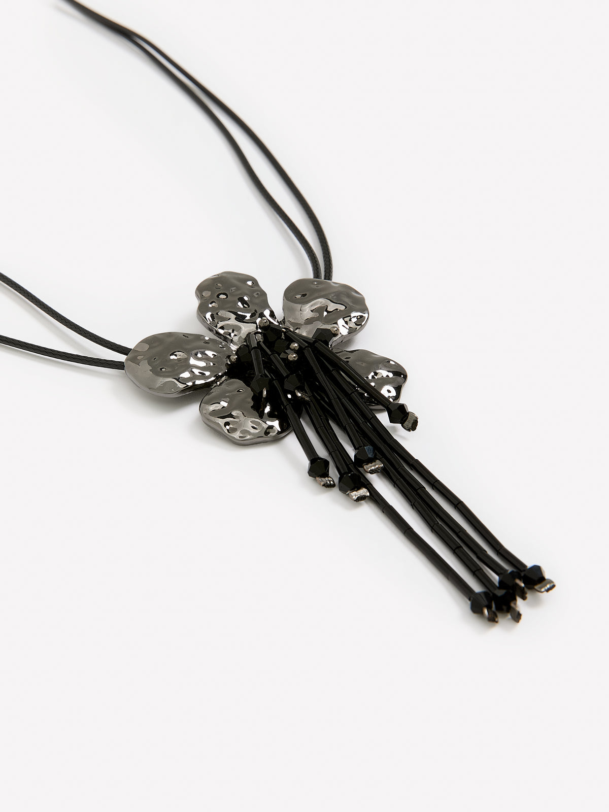 Black Corded Necklace with Metallic Flower Pendant