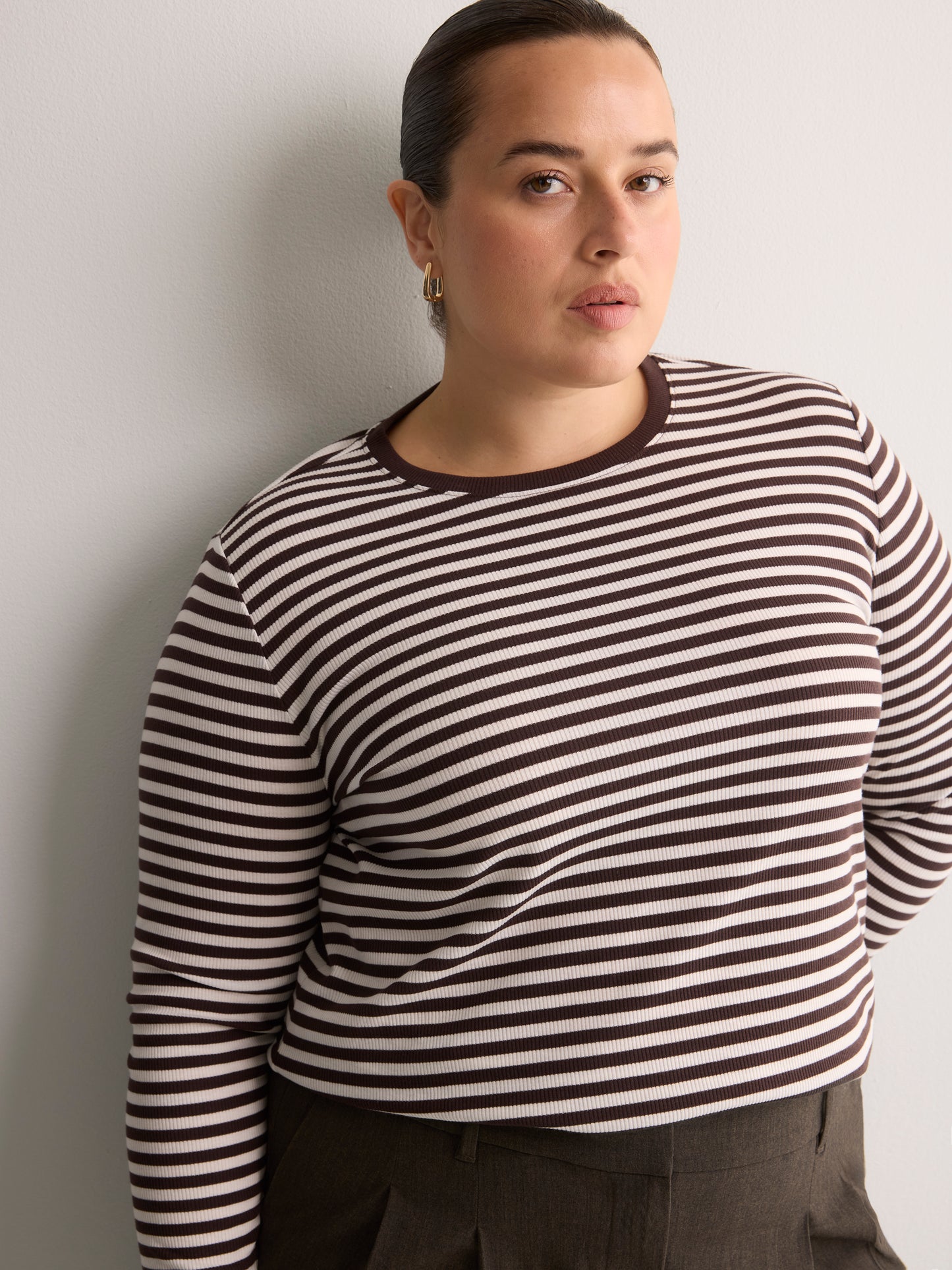 Brown Striped Boyfriend-Fit Long-Sleeve Rib Knit Tee
