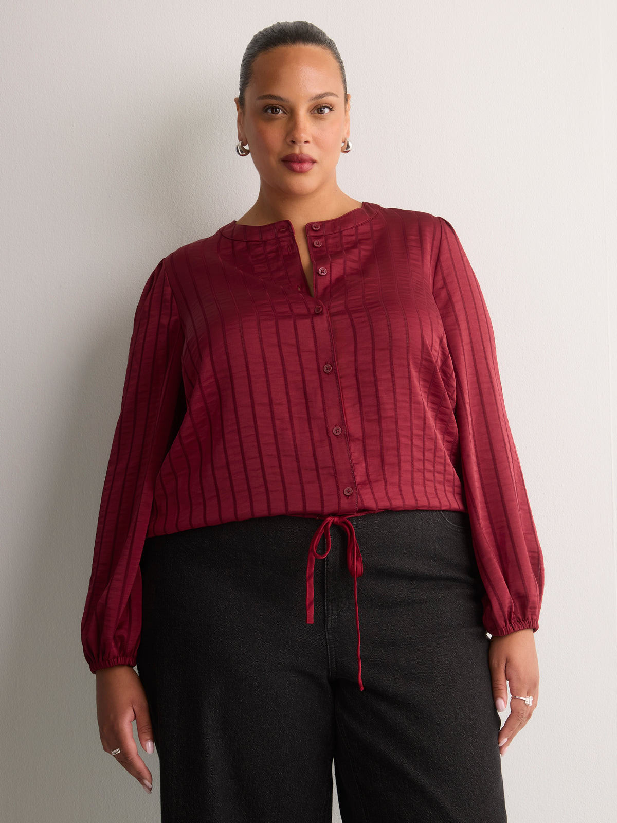 Short Buttoned-Down Elastic-Waist Blouse