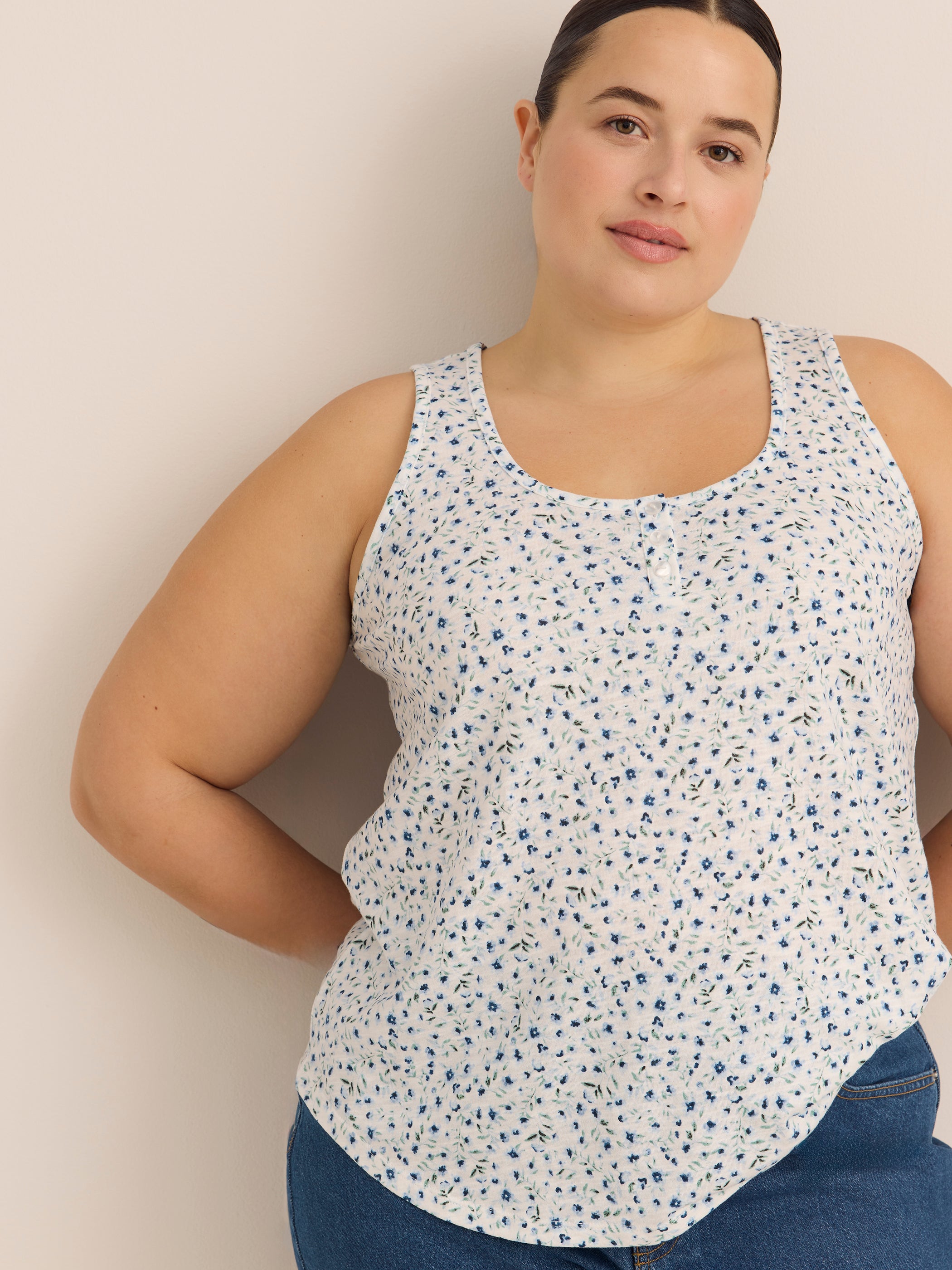 Straight Floral-Print Henley Tank Top