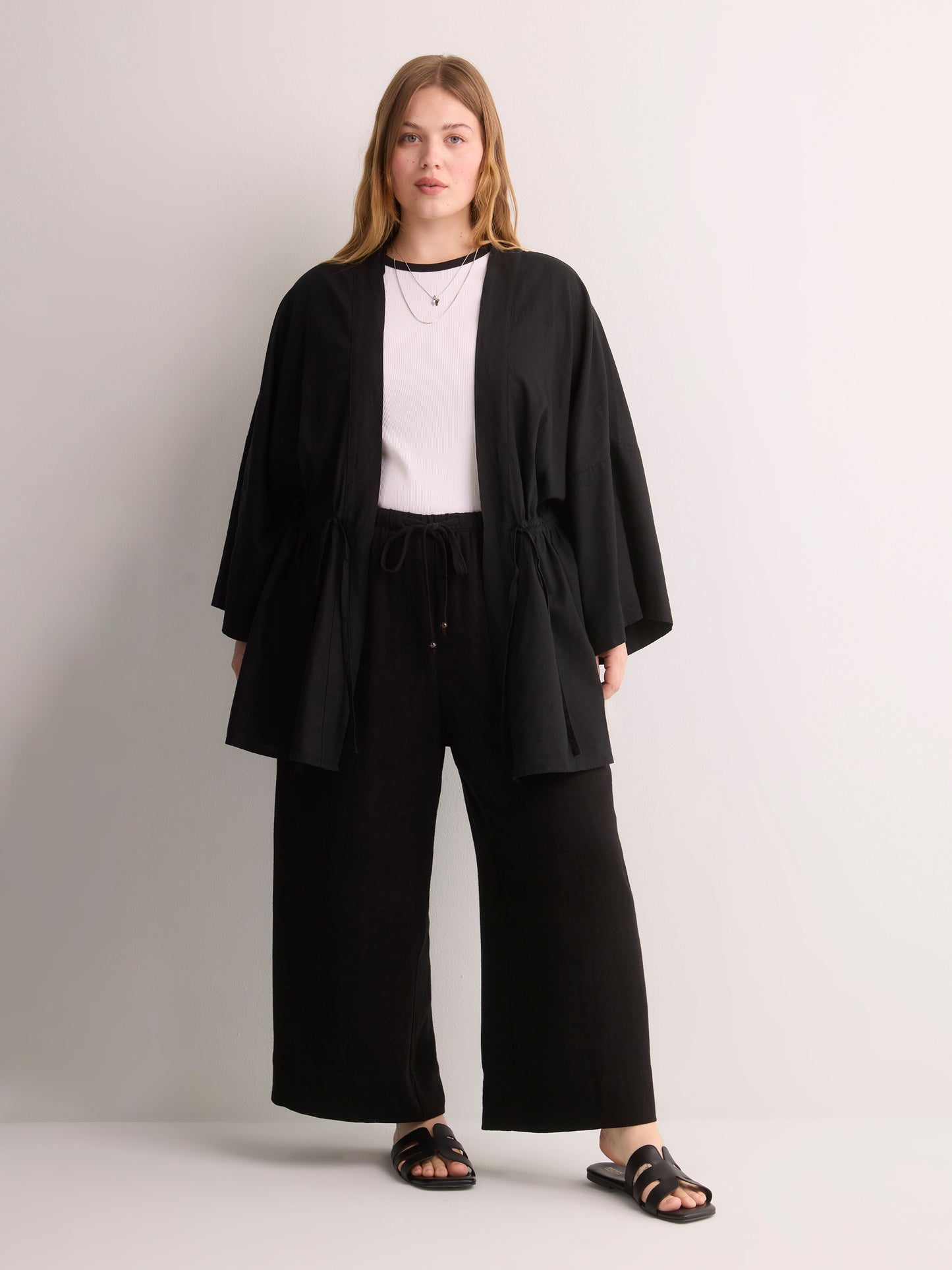 Linen-Blend Loose Kimono Tunic with Waist Drawstring